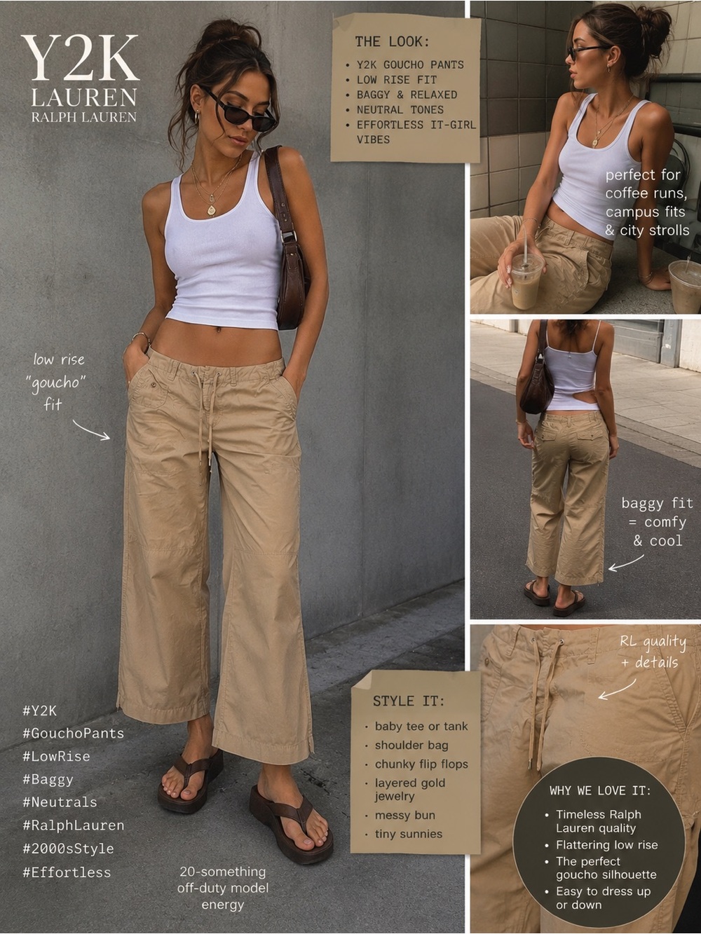 Lauren Ralph Lauren Y2K Low Rise Gaucho Crop Pants Khaki Coastal Granddaughter